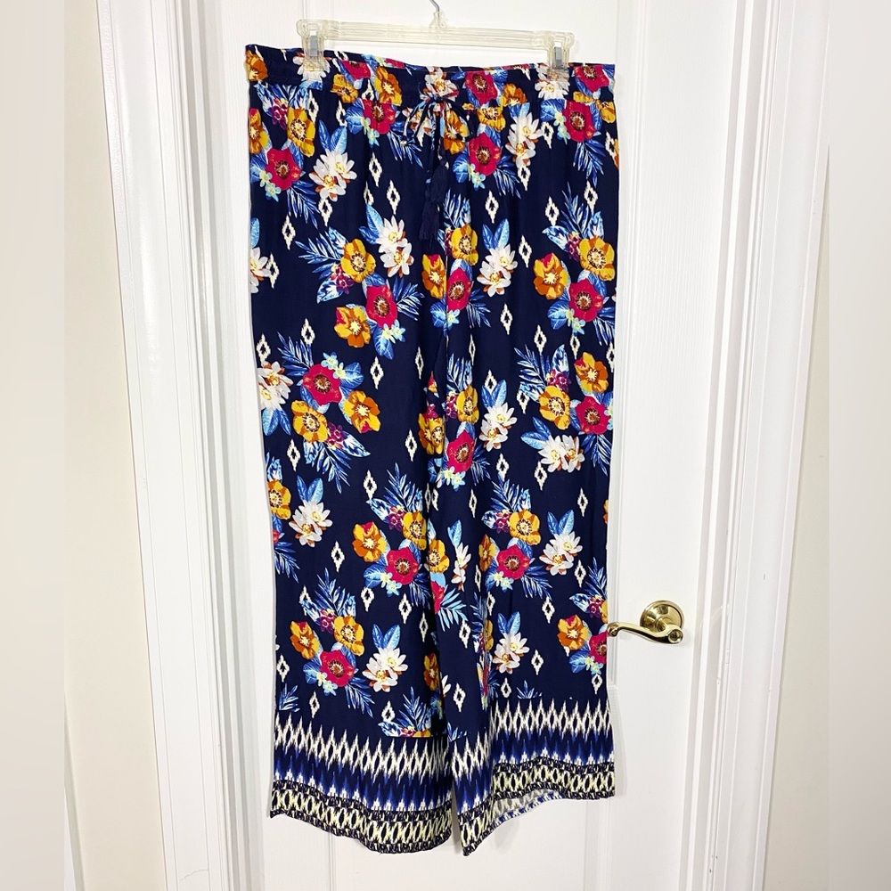 Tribal Floral Contrast Hemline Drawstring Waist Wide Leg Pants Navy Size XL